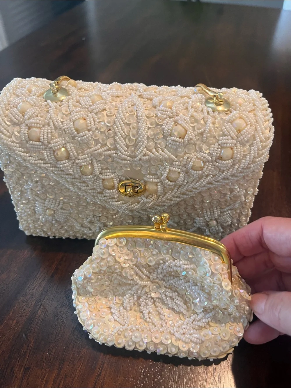 Beaded Ivory Pearl Evening Bag and Coin Purse Set